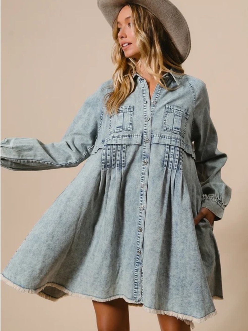 BIBI Acid Wash Denim Babydoll Shirt Dress Raw Hem NWT M